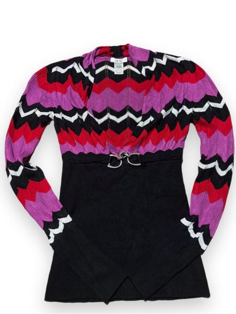Cache Chevron V-Neck Sweater in Purple, Red & Black